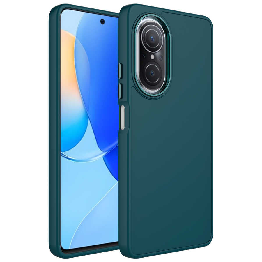 Huawei Nova 9 SE Kılıf Metal Çerçeve ve Buton Tasarımlı Silikon Zore Luna Kapak Koyu Yeşil