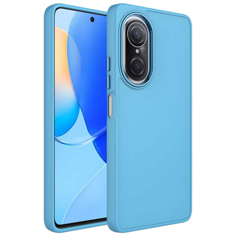 Huawei Nova 9 SE Kılıf Metal Çerçeve ve Buton Tasarımlı Silikon Zore Luna Kapak Sierra Mavi