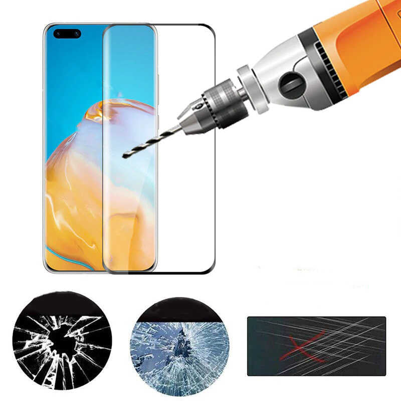 Huawei P40 Zore Kenarları Kırılmaya Dayanıklı Cam Ekran Koruyucu Siyah