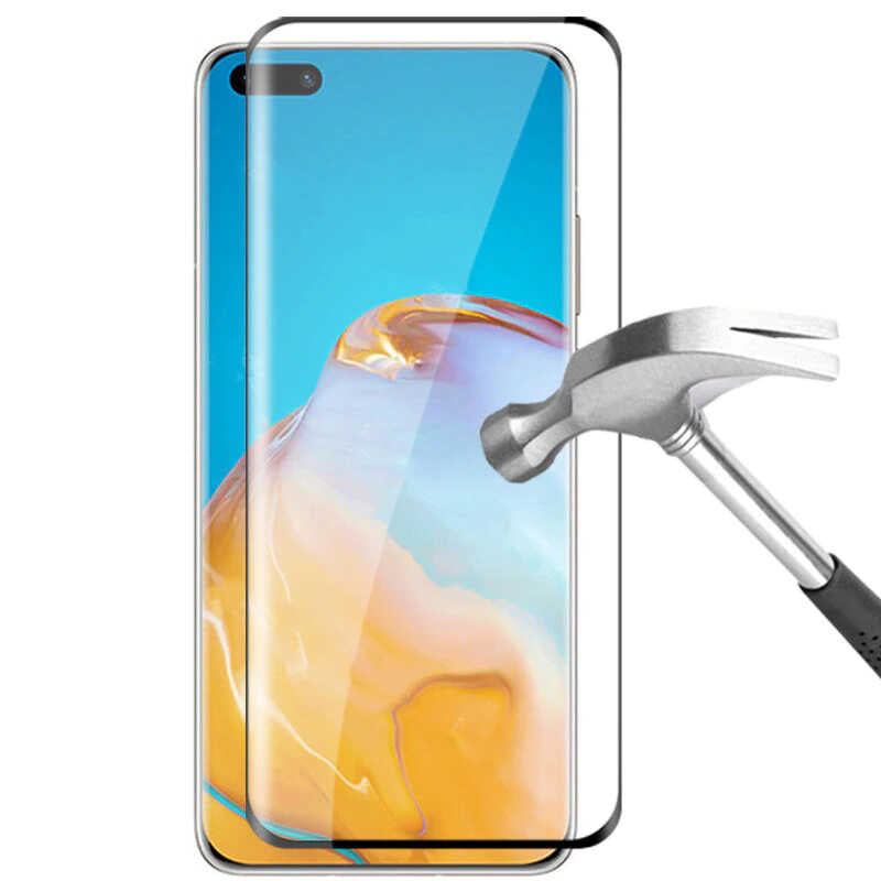 Huawei P40 Zore Kenarları Kırılmaya Dayanıklı Cam Ekran Koruyucu Siyah