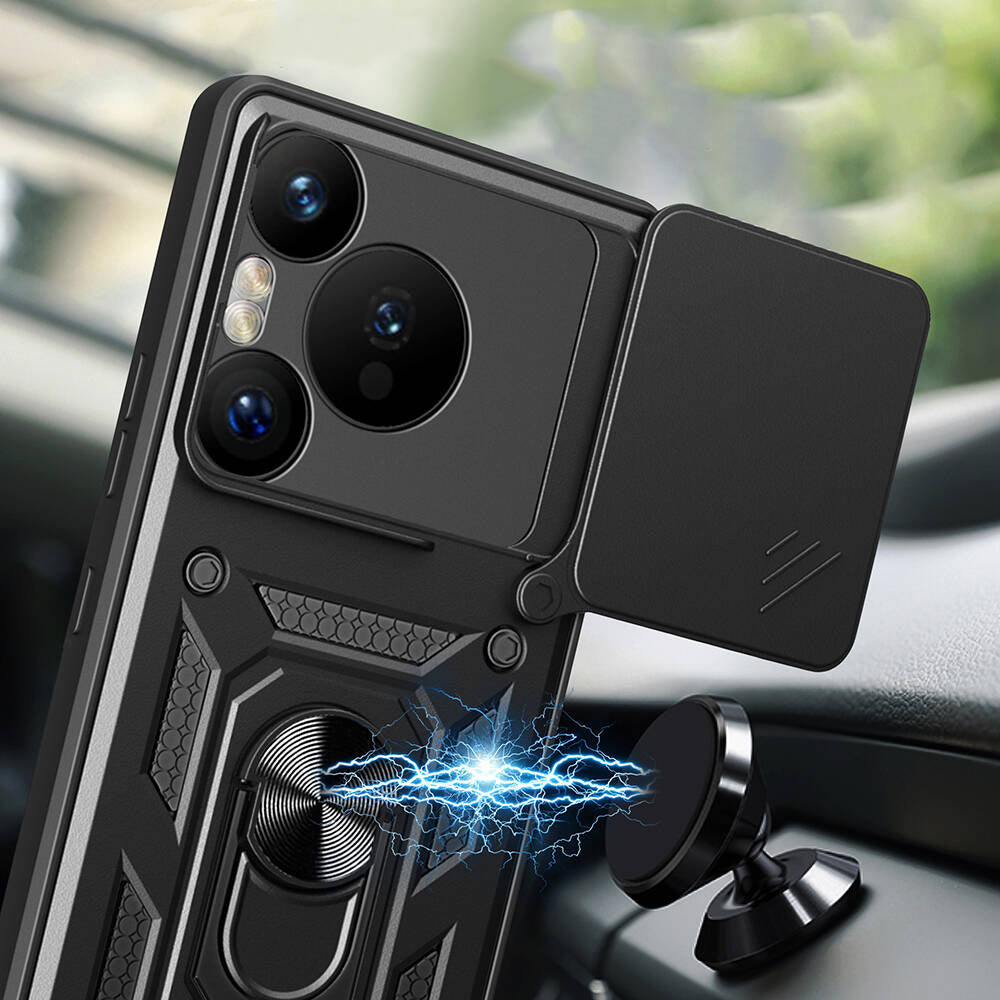 Huawei Pura 70 Pro 5G Kılıf Magnetik Standlı Kamera Korumalı Zore Sürgülü Vega Kapak Mavi