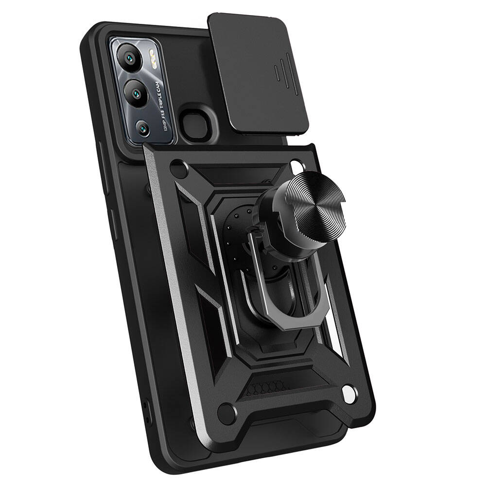 İnfinix Hot 12i Kılıf Magnetik Standlı Kamera Korumalı Zore Sürgülü Vega Kapak Siyah