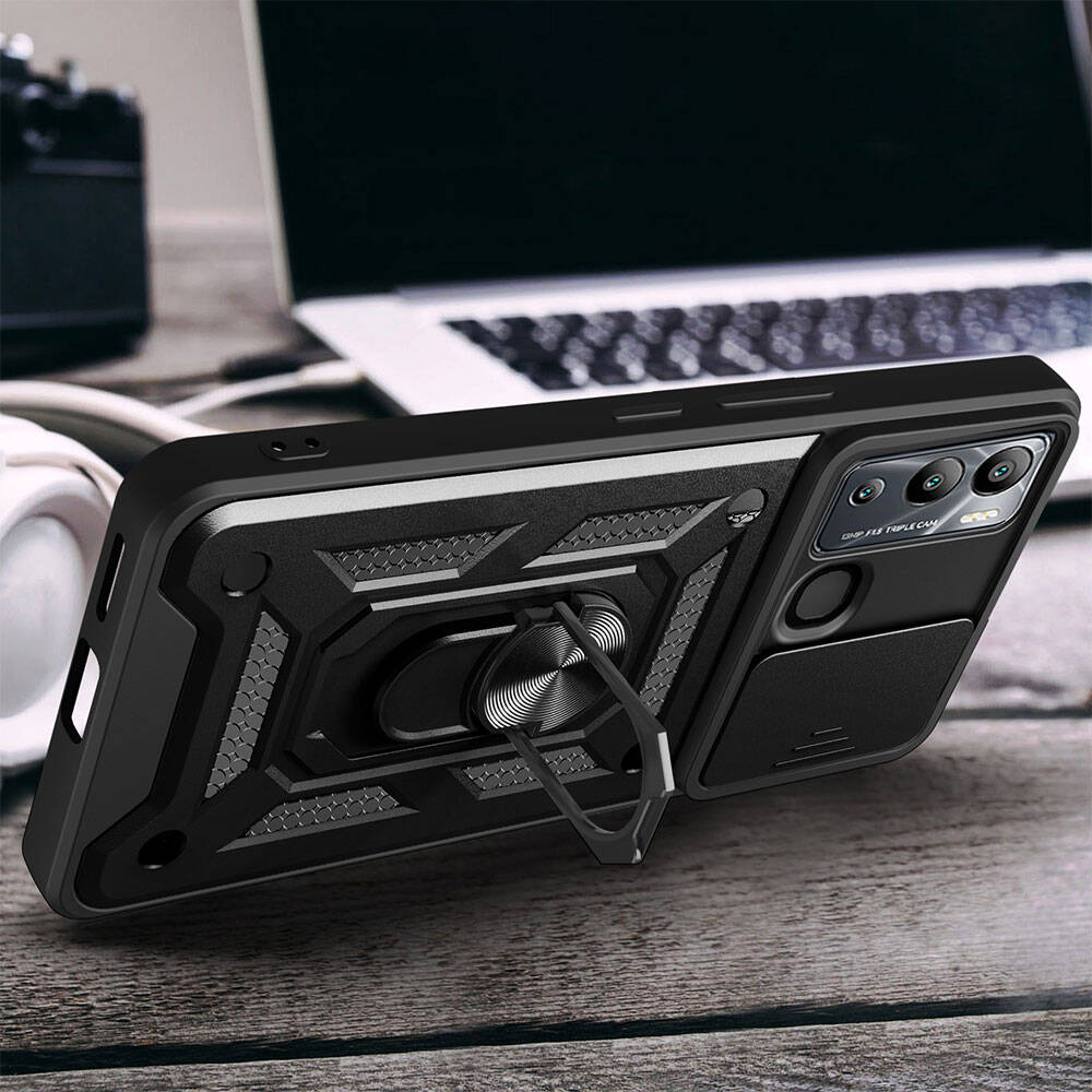 İnfinix Hot 20i Kılıf Magnetik Standlı Kamera Korumalı Zore Sürgülü Vega Kapak Siyah