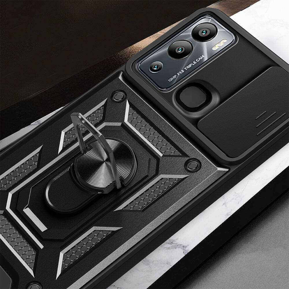 İnfinix Hot 20i Kılıf Magnetik Standlı Kamera Korumalı Zore Sürgülü Vega Kapak Siyah