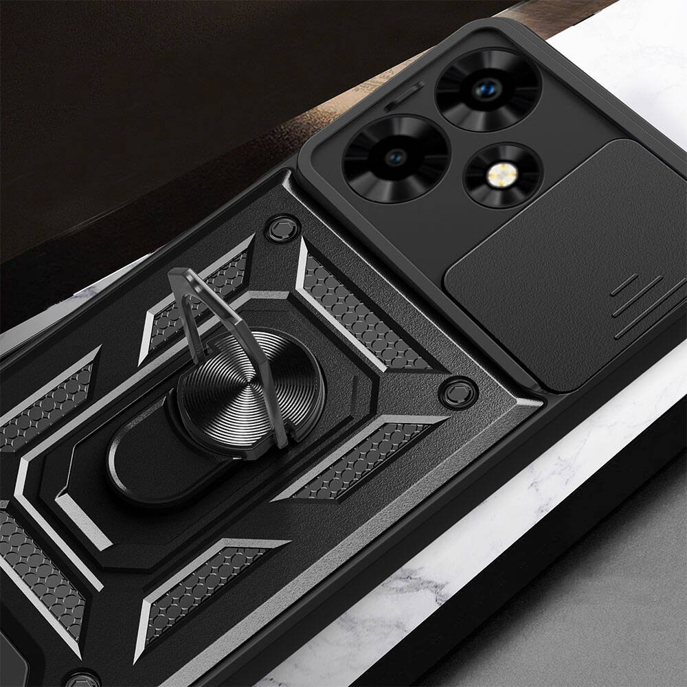 İnfinix Hot 30 Kılıf Magnetik Standlı Kamera Korumalı Zore Sürgülü Vega Kapak Siyah