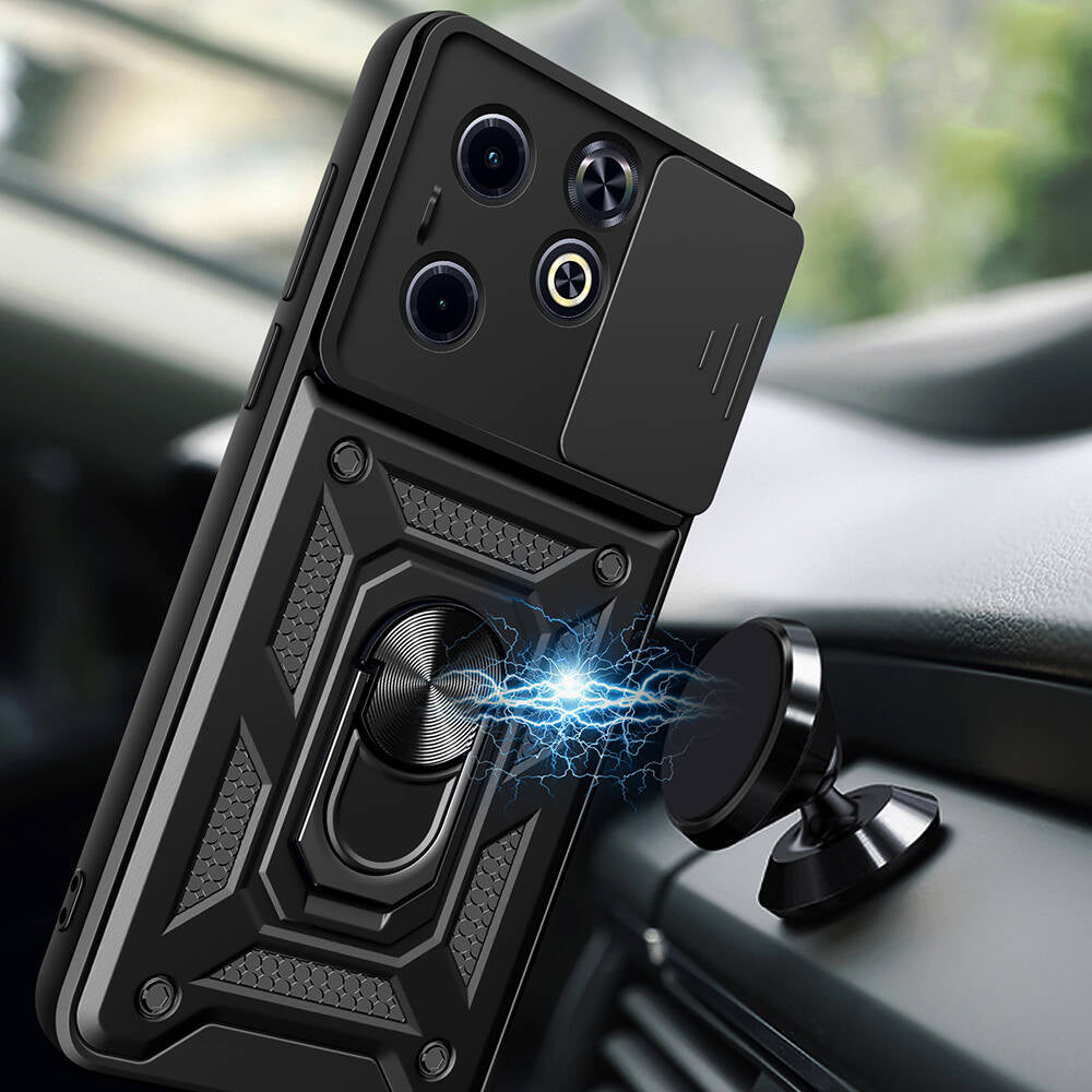 İnfinix Hot 40i Kılıf Magnetik Standlı Kamera Korumalı Zore Sürgülü Vega Kapak Siyah