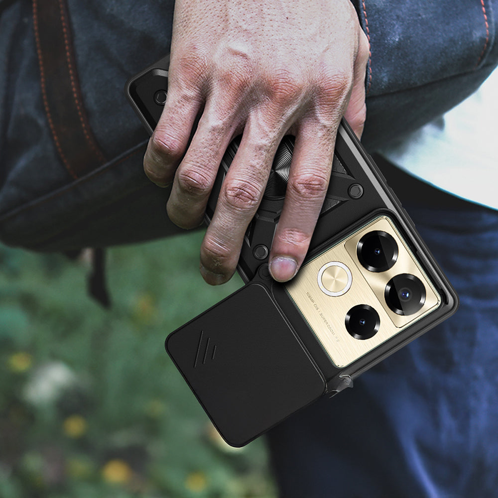 İnfinix Note 40 Pro Kılıf Magnetik Standlı Kamera Korumalı Zore Sürgülü Vega Kapak Siyah