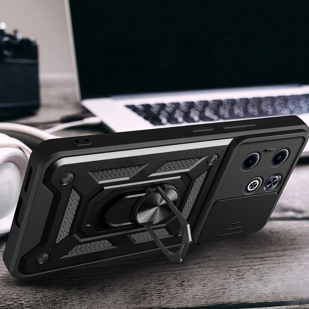 İnfinix Smart 8 Kılıf Magnetik Standlı Kamera Korumalı Zore Sürgülü Vega Kapak Siyah