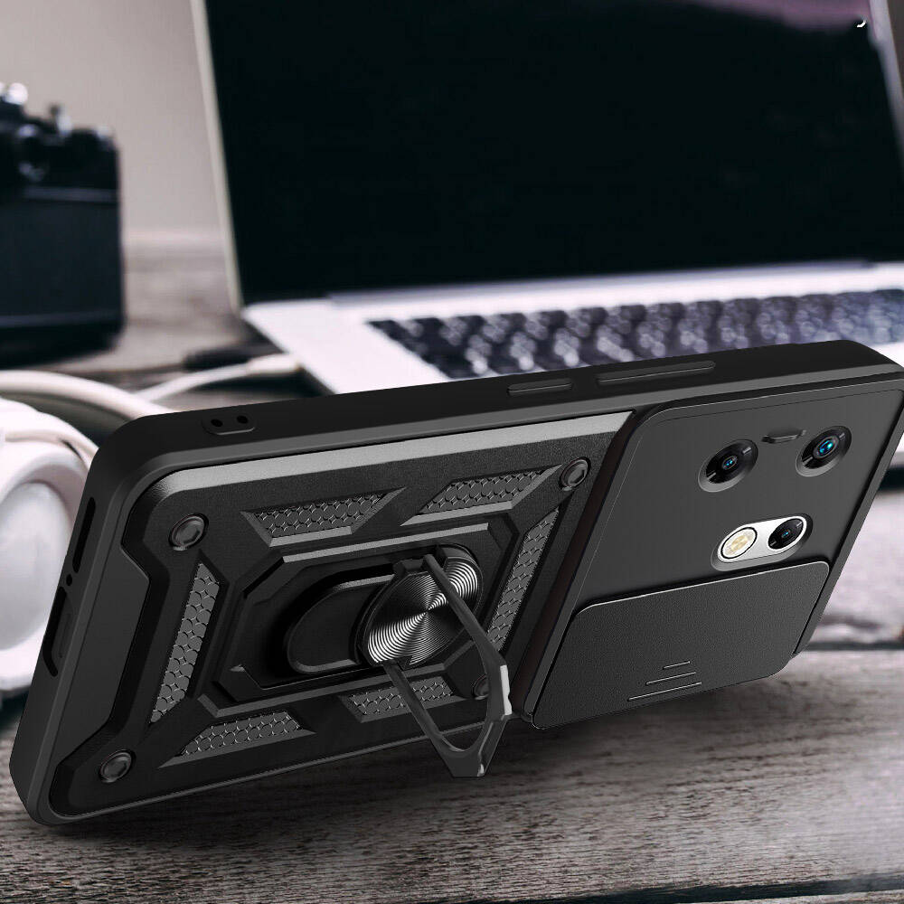 İnfinix Zero 30 4G Kılıf Magnetik Standlı Kamera Korumalı Zore Sürgülü Vega Kapak Siyah