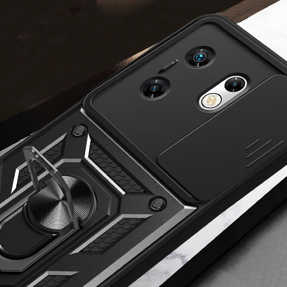 İnfinix Zero 30 4G Kılıf Magnetik Standlı Kamera Korumalı Zore Sürgülü Vega Kapak Siyah
