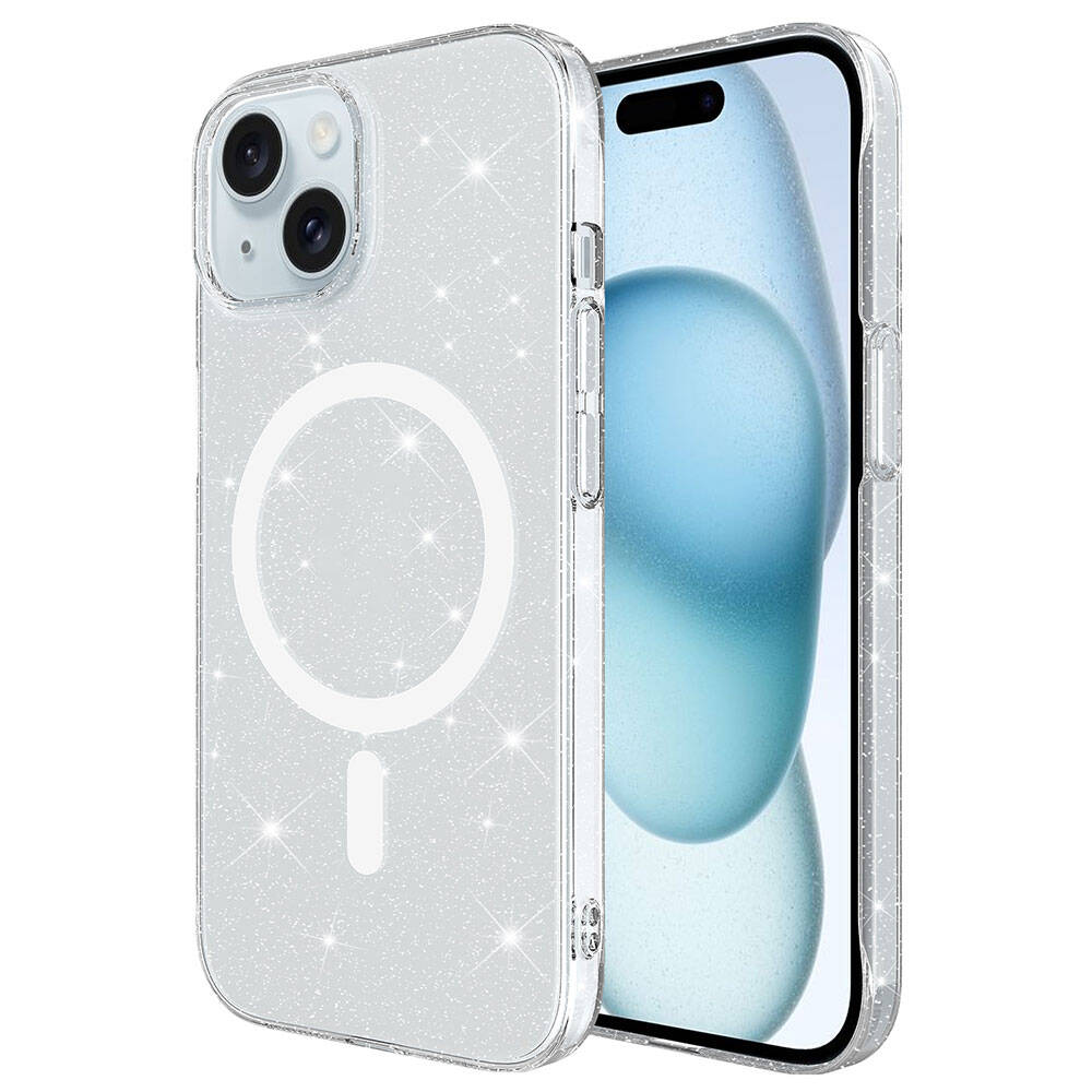 iPhone 15 Plus Kılıf Zore M-safe Şarj Özellikli Simli Şeffaf Arka Yüzey Erdos Silikon Kapak Renksiz