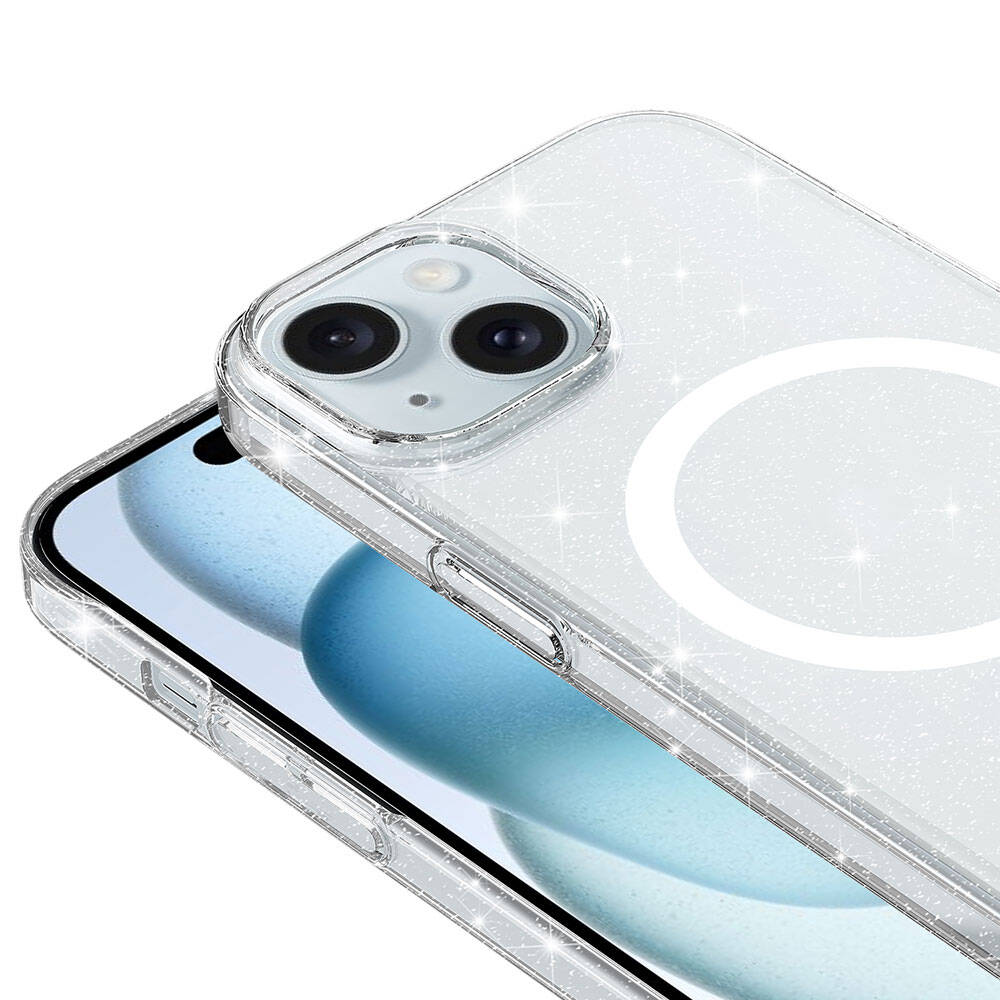 iPhone 15 Plus Kılıf Zore M-safe Şarj Özellikli Simli Şeffaf Arka Yüzey Erdos Silikon Kapak Renksiz