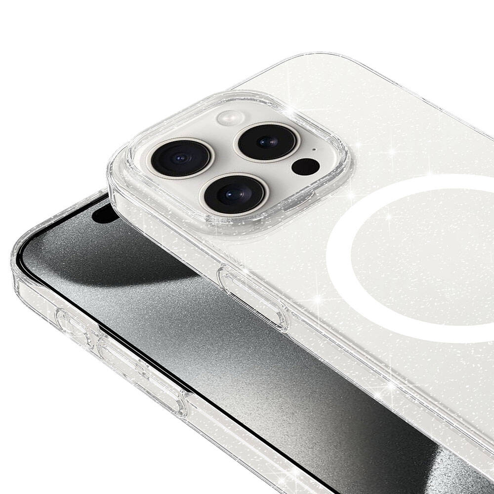 iPhone 15 Pro Kılıf Zore M-safe Şarj Özellikli Simli Şeffaf Arka Yüzey Erdos Silikon Kapak Renksiz