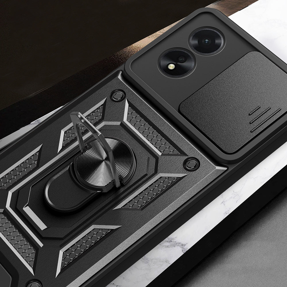 Oppo A38 Kılıf Magnetik Standlı Kamera Korumalı Zore Sürgülü Vega Kapak Siyah