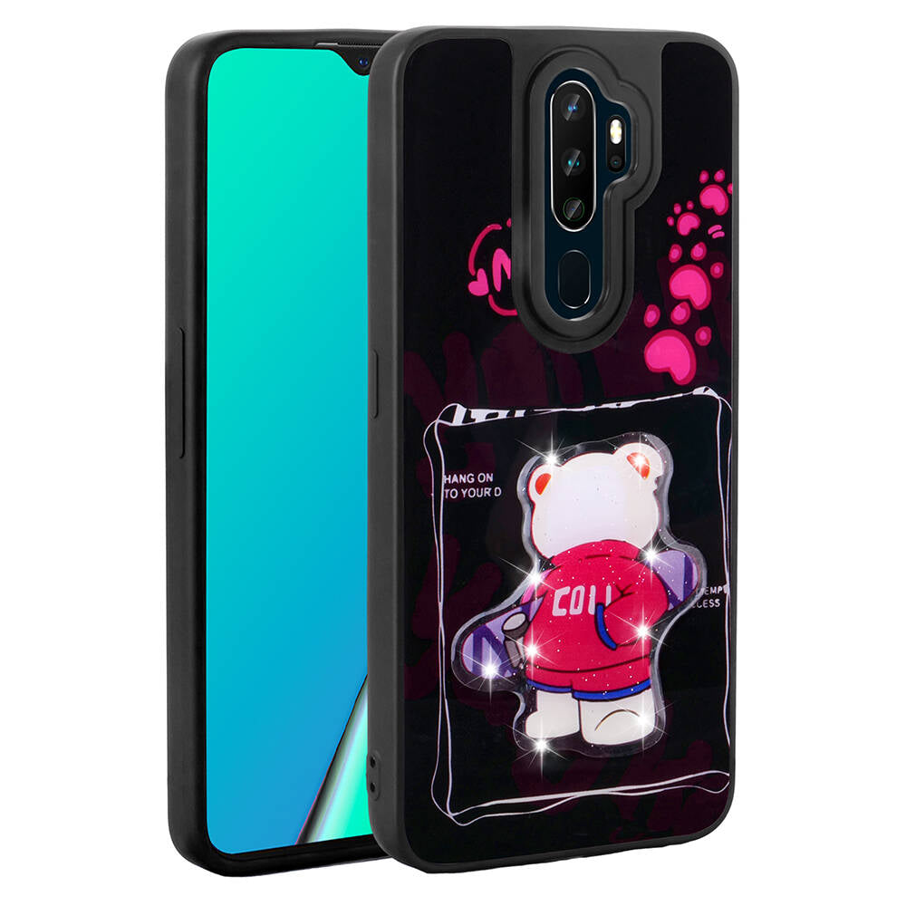 Oppo A5 2020 Kılıf Parlayan Kabartmalı İkonik Figürlü Zore Amas Silikon Kapak Mor