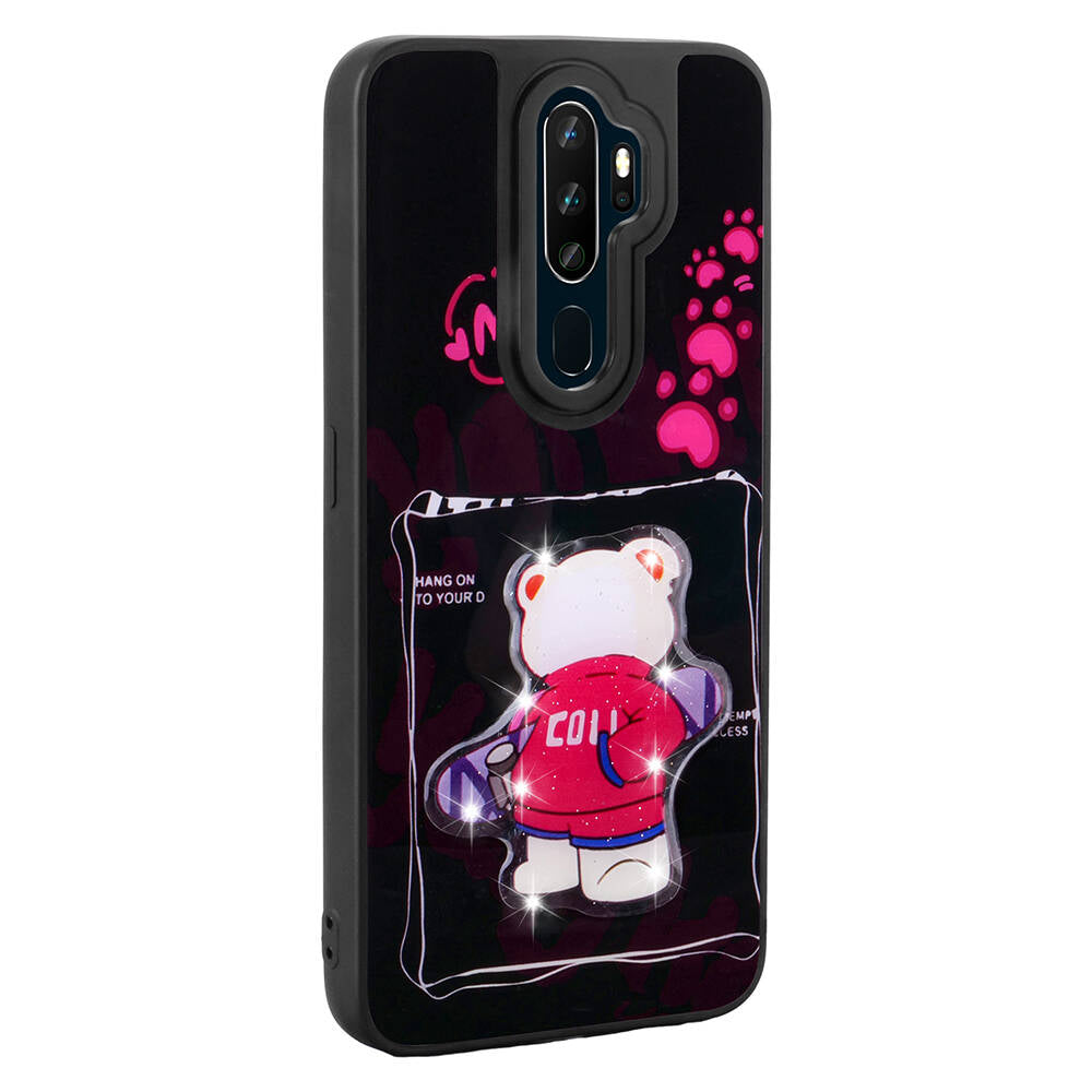 Oppo A5 2020 Kılıf Parlayan Kabartmalı İkonik Figürlü Zore Amas Silikon Kapak Pembe