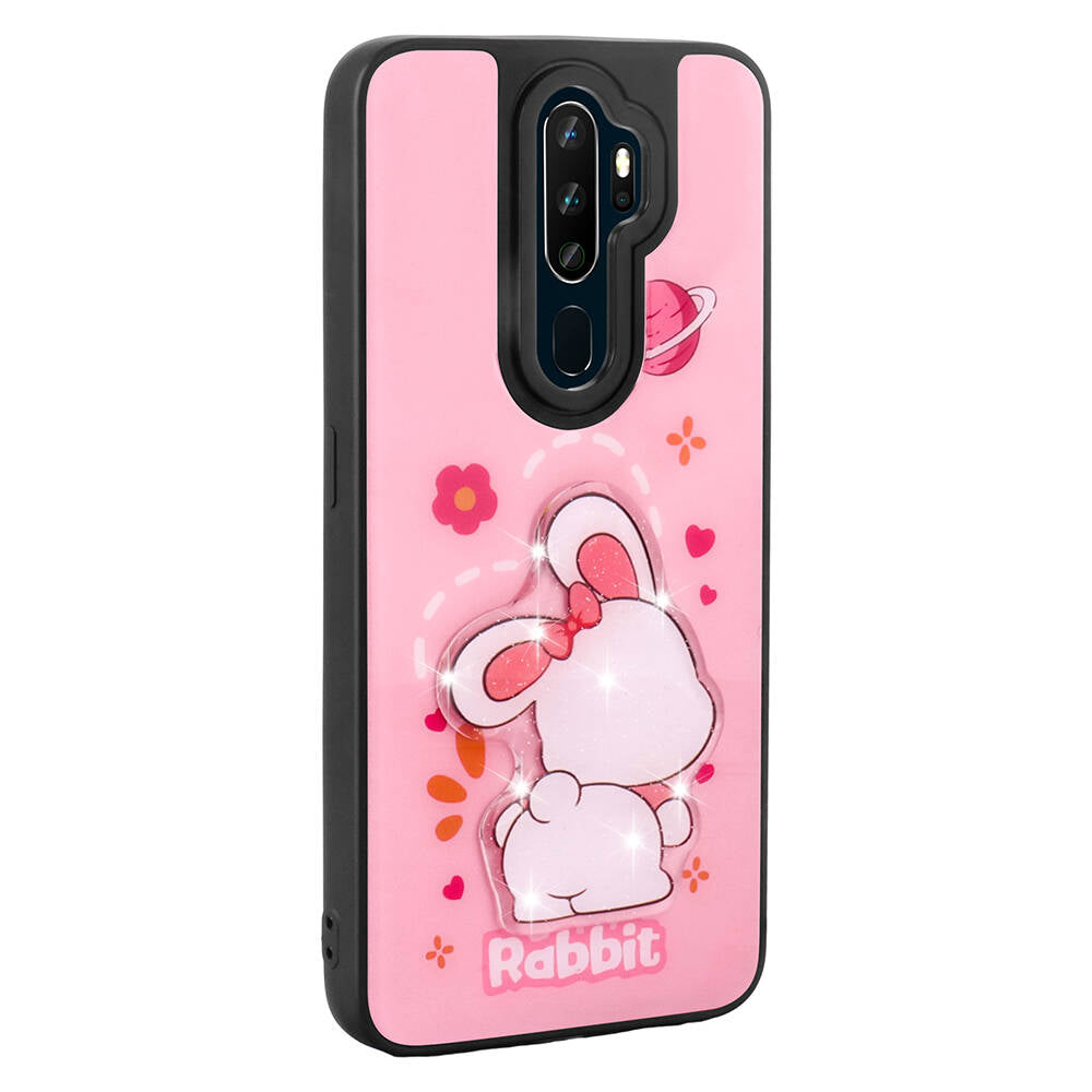Oppo A5 2020 Kılıf Parlayan Kabartmalı İkonik Figürlü Zore Amas Silikon Kapak Pembe