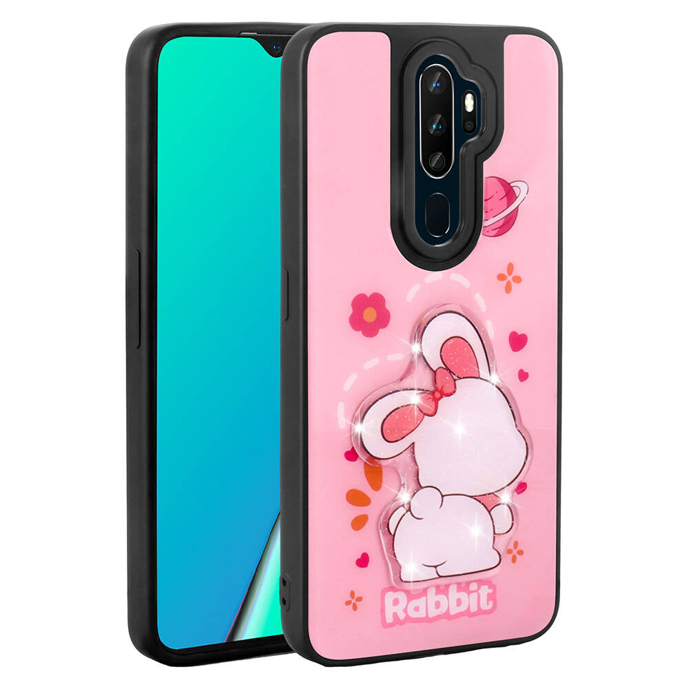 Oppo A5 2020 Kılıf Parlayan Kabartmalı İkonik Figürlü Zore Amas Silikon Kapak Pembe