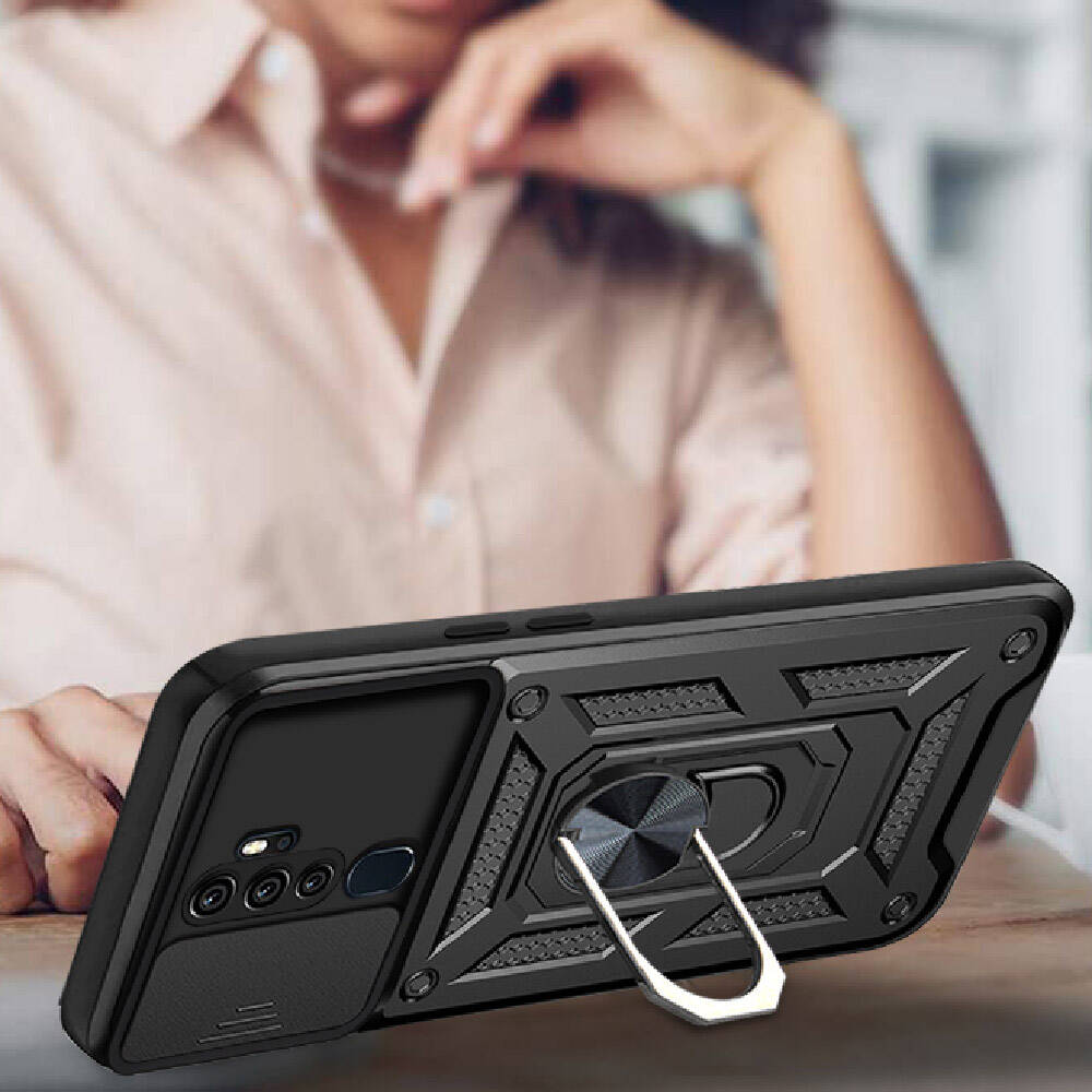 Oppo A5 2020 Kılıf Magnetik Standlı Kamera Korumalı Zore Sürgülü Vega Kapak Siyah