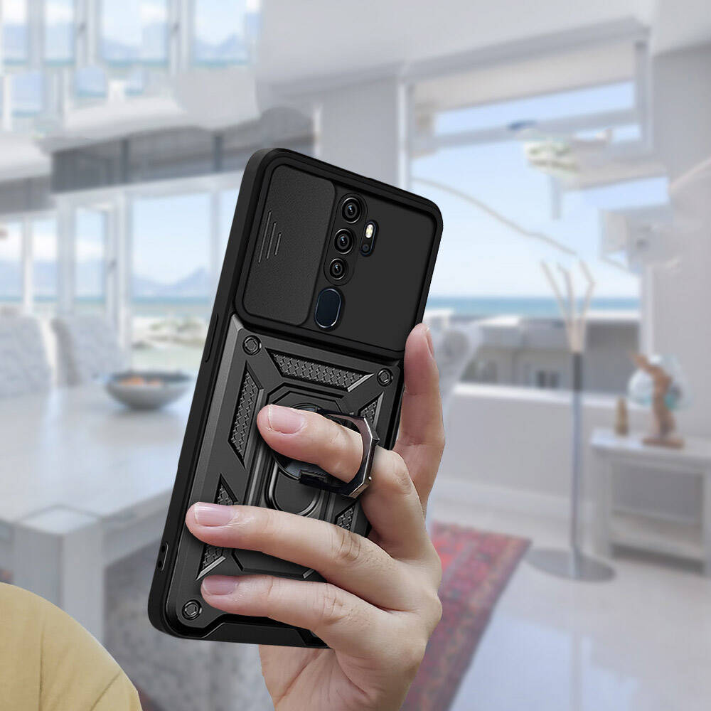 Oppo A5 2020 Kılıf Magnetik Standlı Kamera Korumalı Zore Sürgülü Vega Kapak Siyah