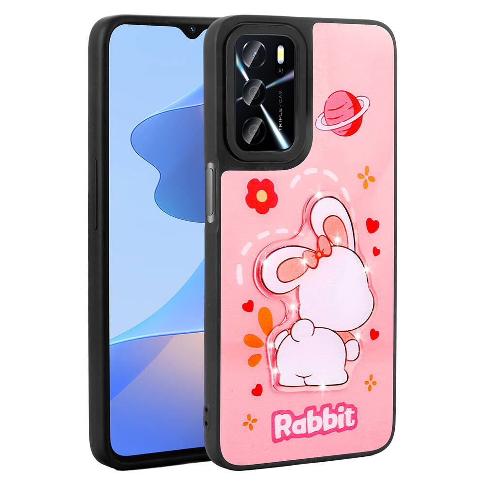 Oppo A55 4G Kılıf Parlayan Kabartmalı İkonik Figürlü Zore Amas Silikon Kapak Pembe
