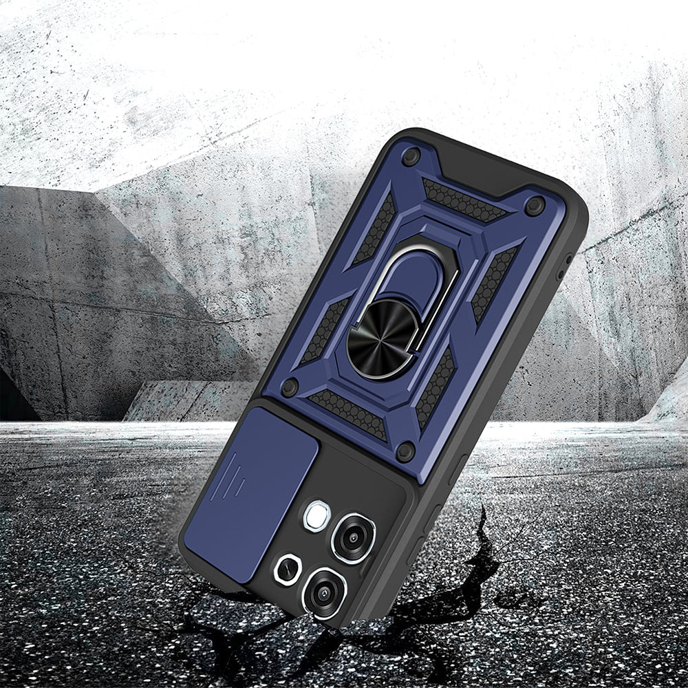 Oppo A6 Pro Kılıf Magnetik Standlı Kamera Korumalı Zore Sürgülü Vega Kapak Mavi