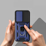 Oppo A6 Pro Kılıf Magnetik Standlı Kamera Korumalı Zore Sürgülü Vega Kapak Mavi