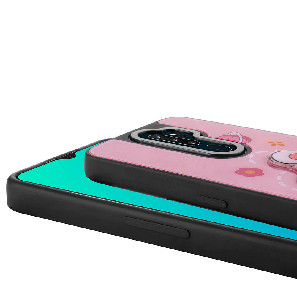 Oppo A9 2020 Kılıf Parlayan Kabartmalı İkonik Figürlü Zore Amas Silikon Kapak Pembe