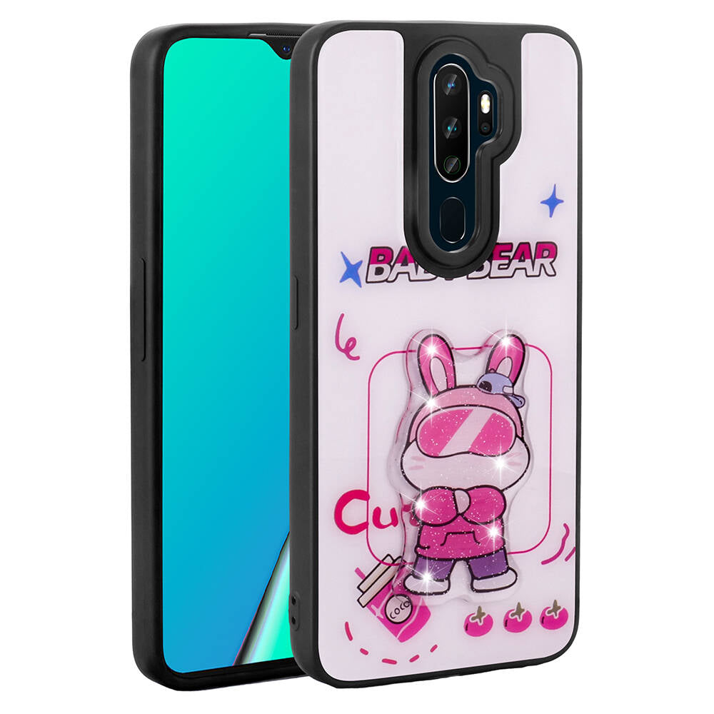 Oppo A9 2020 Kılıf Parlayan Kabartmalı İkonik Figürlü Zore Amas Silikon Kapak Mor