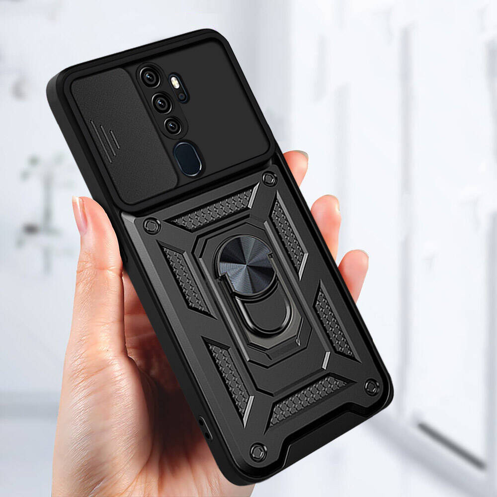 Oppo A9 2020 Kılıf Magnetik Standlı Kamera Korumalı Zore Sürgülü Vega Kapak Siyah
