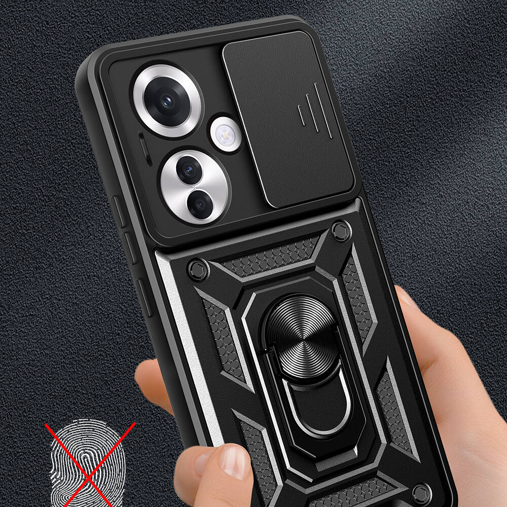 Oppo Reno 11F 5G Kılıf Magnetik Standlı Kamera Korumalı Zore Sürgülü Vega Kapak Siyah