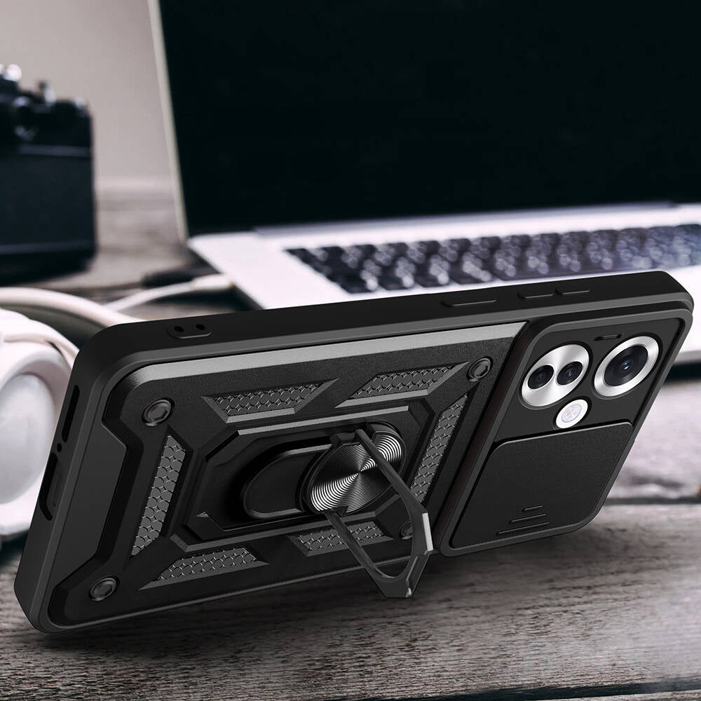 Oppo Reno 11F 5G Kılıf Magnetik Standlı Kamera Korumalı Zore Sürgülü Vega Kapak Siyah