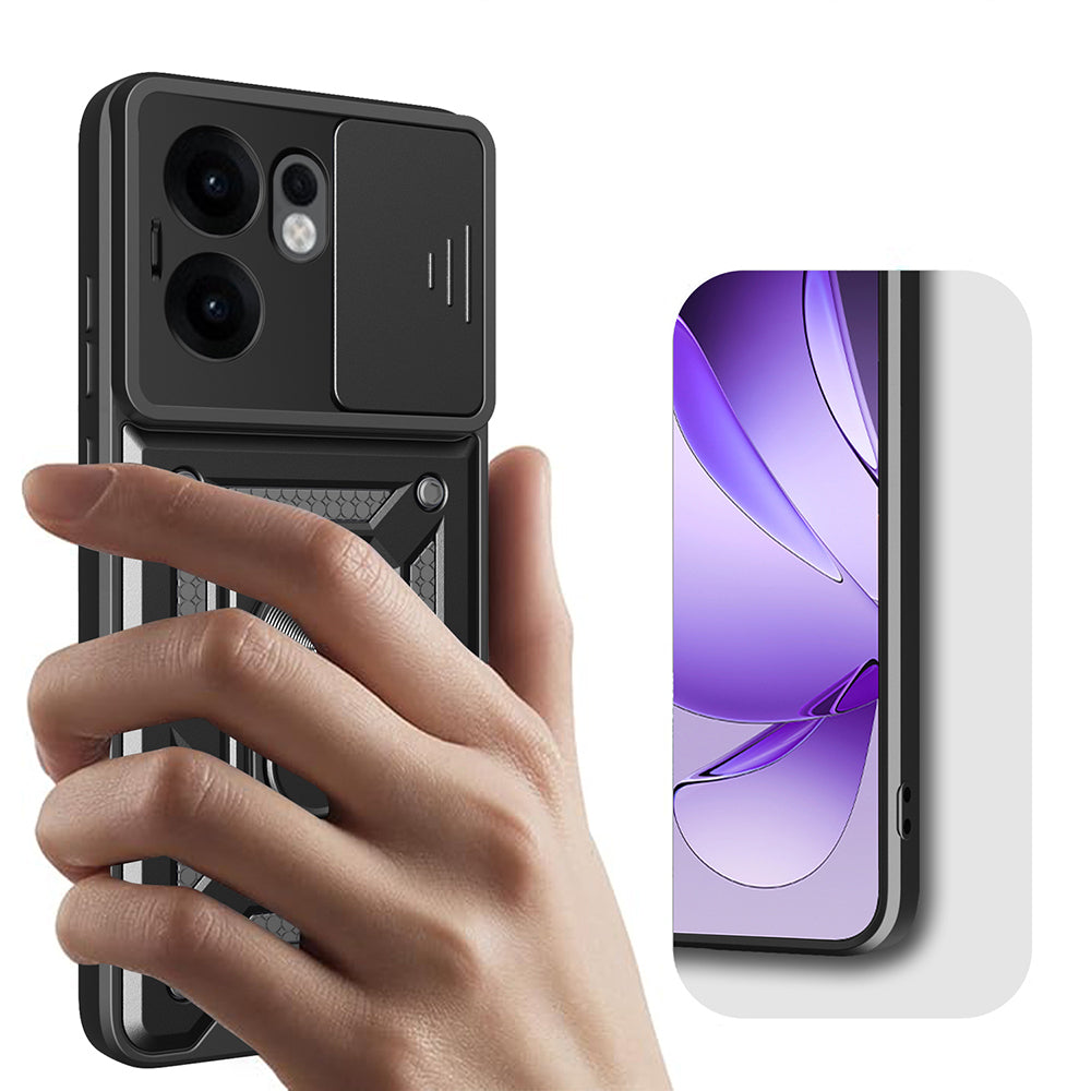 Oppo Reno 13F 5G Kılıf Magnetik Standlı Kamera Korumalı Zore Sürgülü Vega Kapak Siyah