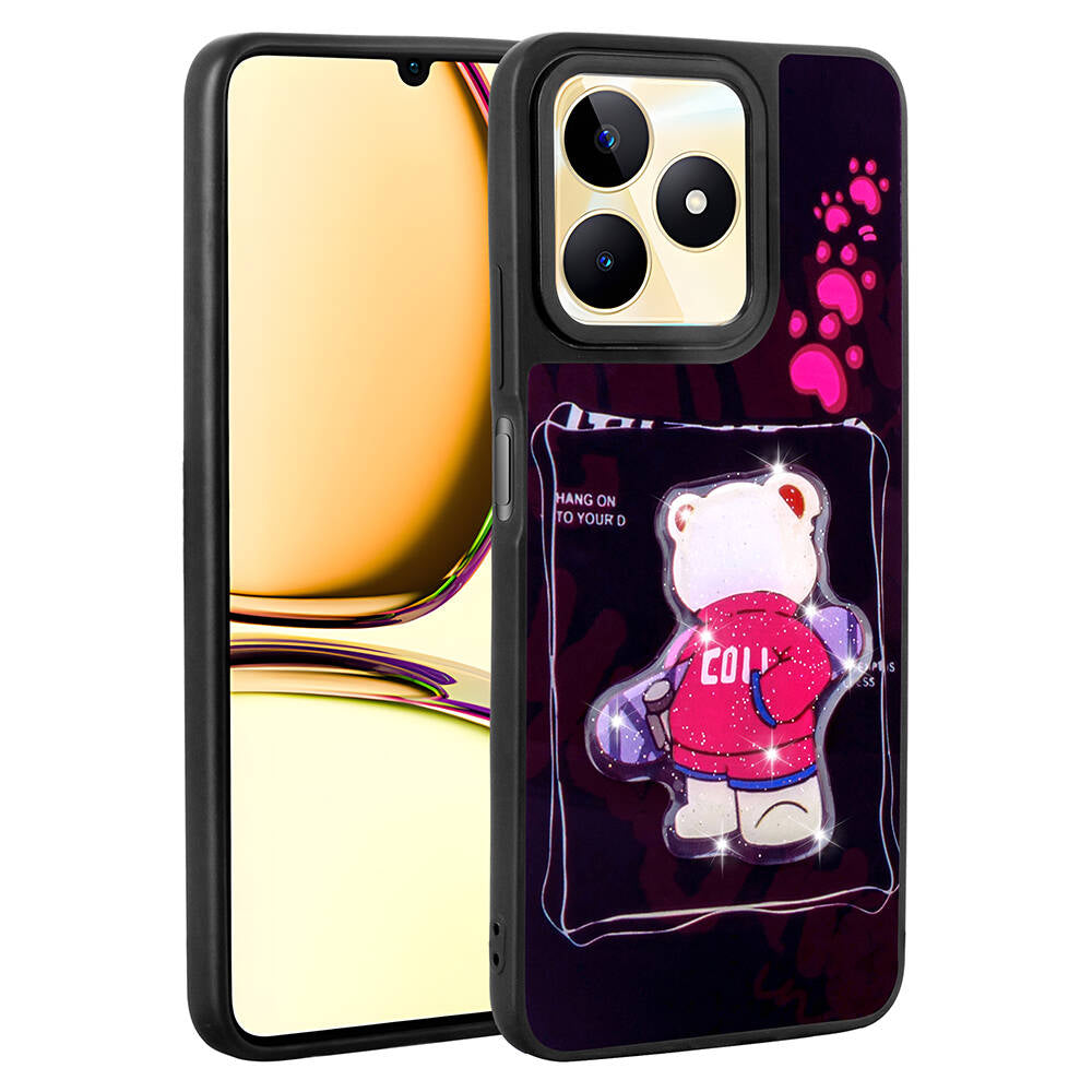 Realme C53 Kılıf Parlayan Kabartmalı İkonik Figürlü Zore Amas Silikon Kapak Pembe