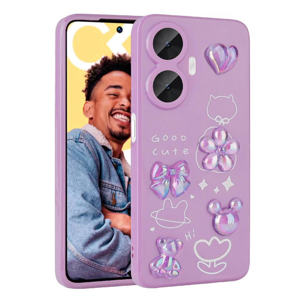 Realme C55 Kılıf Kabartma Figürlü Parlak Zore Toys Silikon Kapak Mor