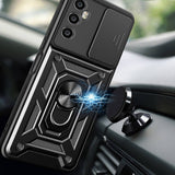 Realme C65 4G Kılıf Magnetik Standlı Kamera Korumalı Zore Sürgülü Vega Kapak Mavi