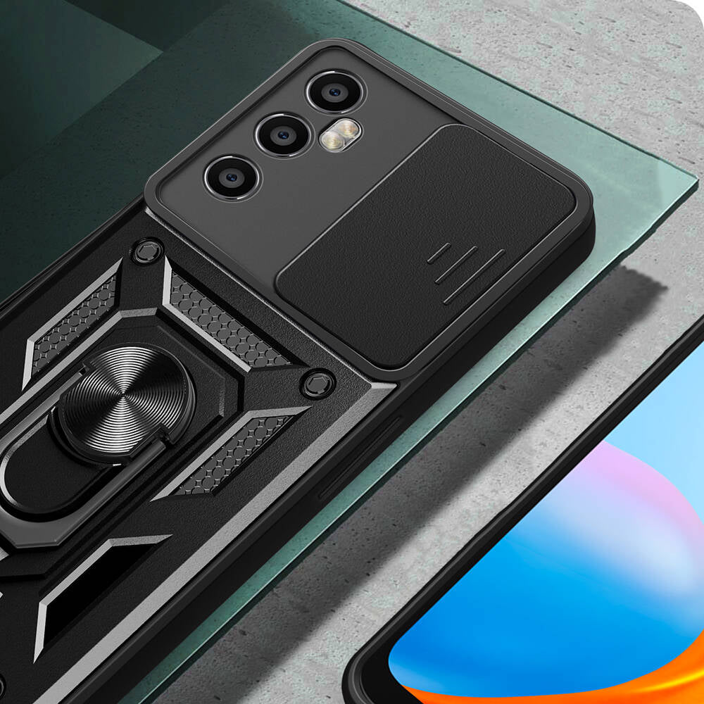 Realme C65 4G Kılıf Magnetik Standlı Kamera Korumalı Zore Sürgülü Vega Kapak Mavi