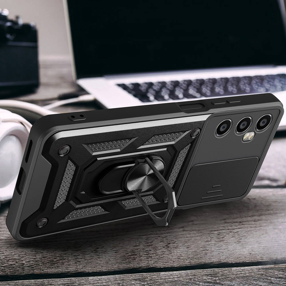 Realme C65 4G Kılıf Magnetik Standlı Kamera Korumalı Zore Sürgülü Vega Kapak Mavi