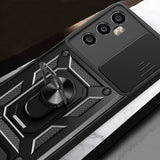 Realme C65 4G Kılıf Magnetik Standlı Kamera Korumalı Zore Sürgülü Vega Kapak Mavi