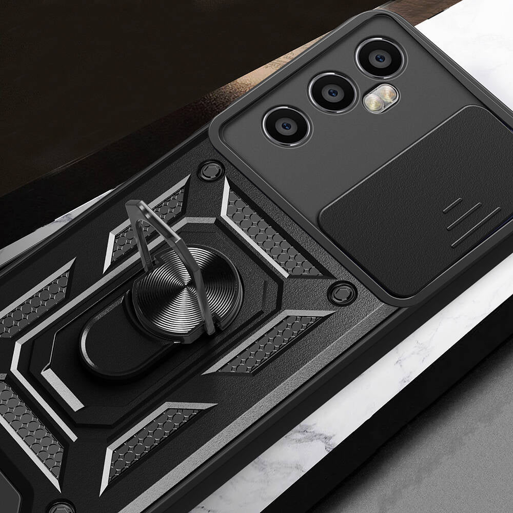 Realme C65 4G Kılıf Magnetik Standlı Kamera Korumalı Zore Sürgülü Vega Kapak Siyah