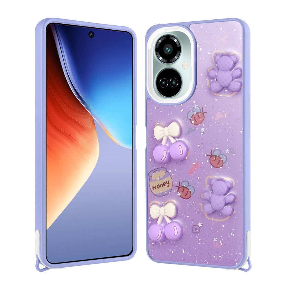 Tecno Camon 19 Pro Kılıf Parlayan Simli Kabartma Figürlü Zore Cevze Kapak Mor Ayı
