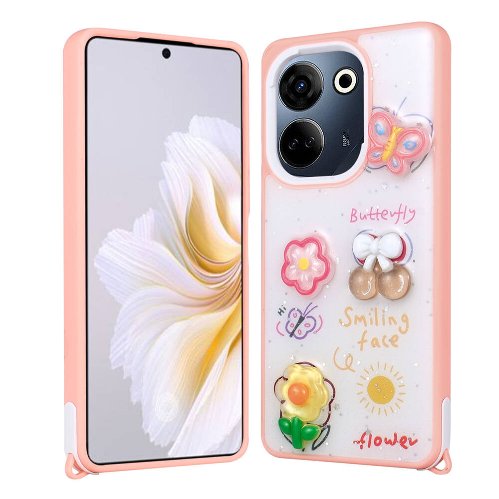 Tecno Camon 20 Kılıf Parlayan Simli Kabartma Figürlü Zore Cevze Kapak Pembe