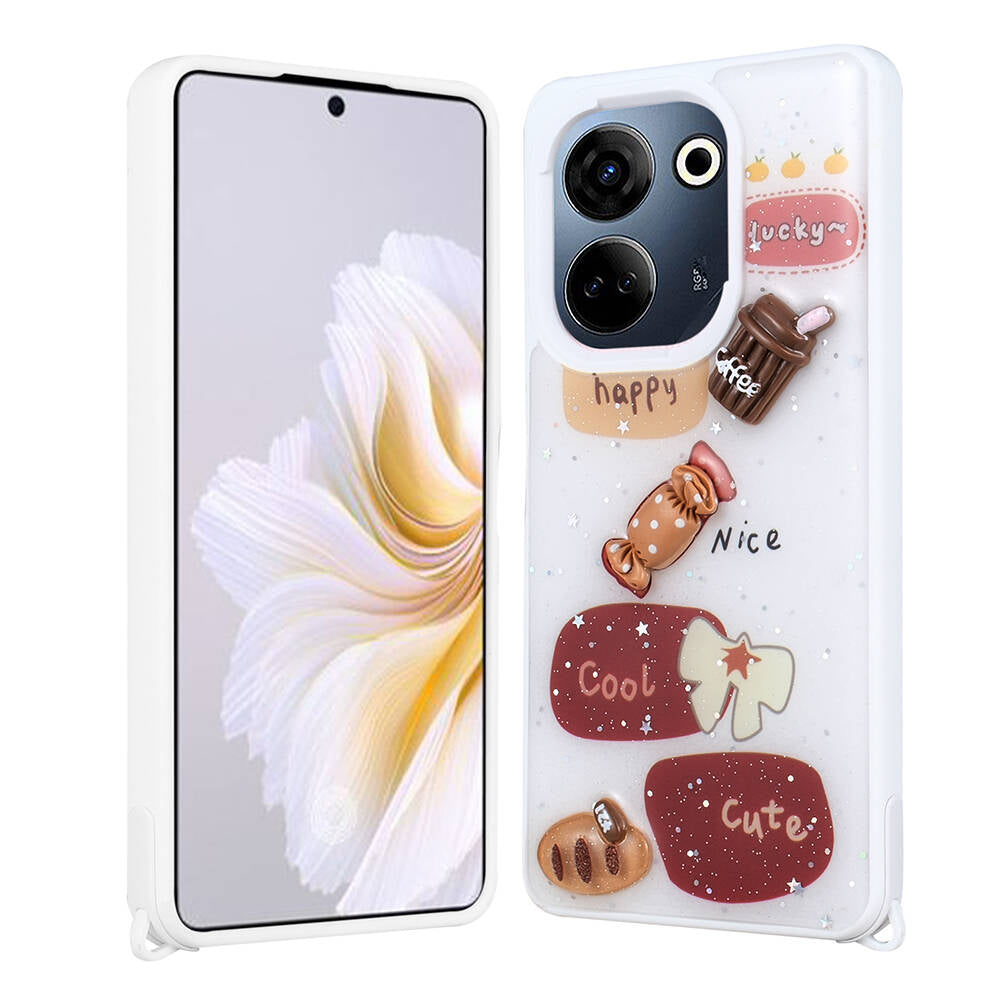 Tecno Camon 20 Kılıf Parlayan Simli Kabartma Figürlü Zore Cevze Kapak Beyaz
