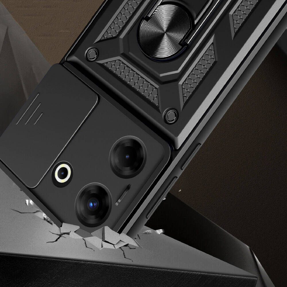 Tecno Camon 20 Kılıf Magnetik Standlı Kamera Korumalı Zore Sürgülü Vega Kapak Siyah