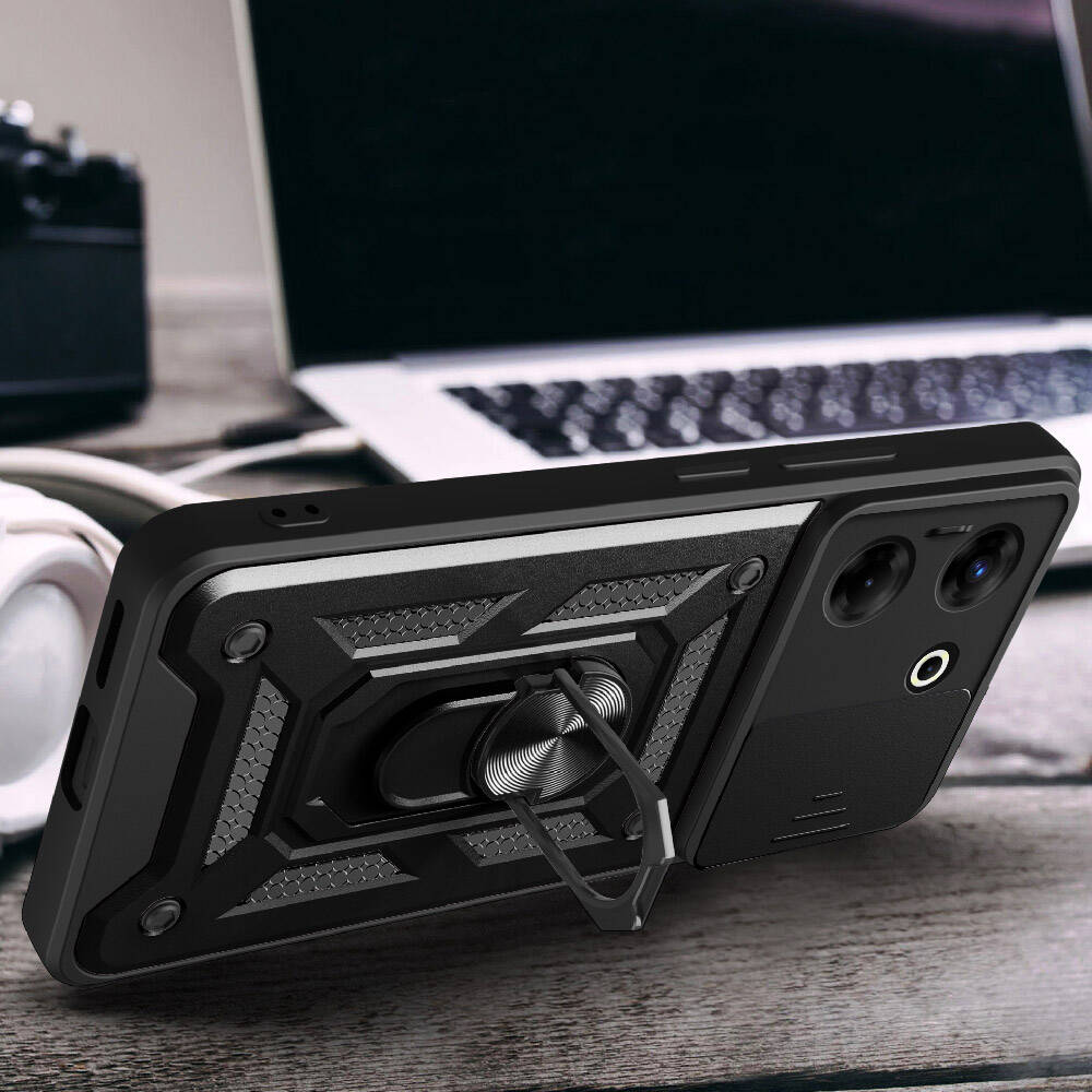 Tecno Camon 20 Pro 4G Kılıf Magnetik Standlı Kamera Korumalı Zore Sürgülü Vega Kapak Siyah