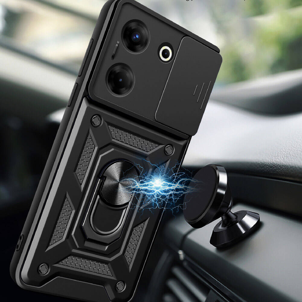 Tecno Camon 20 Pro 4G Kılıf Magnetik Standlı Kamera Korumalı Zore Sürgülü Vega Kapak Siyah