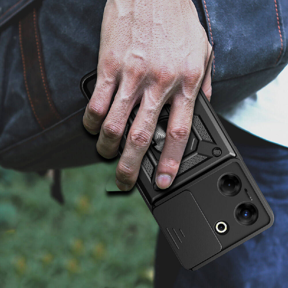 Tecno Camon 20 Pro 4G Kılıf Magnetik Standlı Kamera Korumalı Zore Sürgülü Vega Kapak Siyah