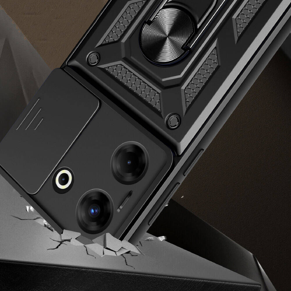 Tecno Camon 20 Pro 5G Kılıf Magnetik Standlı Kamera Korumalı Zore Sürgülü Vega Kapak Mavi