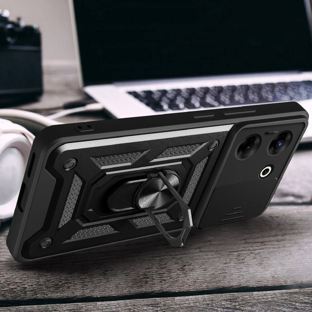 Tecno Camon 20 Pro 5G Kılıf Magnetik Standlı Kamera Korumalı Zore Sürgülü Vega Kapak Siyah