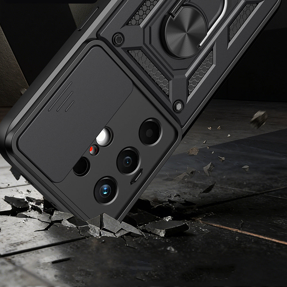 Tecno Camon 50 Kılıf Magnetik Standlı Kamera Korumalı Zore Sürgülü Vega Kapak Siyah